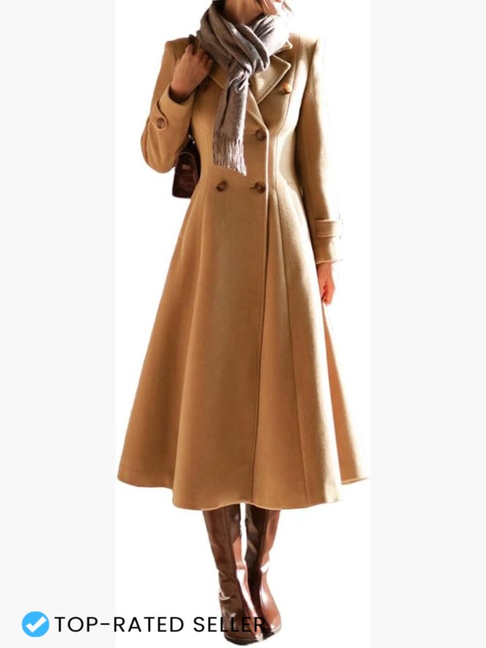 Long Wool Blend Pea Coat Double Breasted Trench Coat Slim Fit Business Winter
